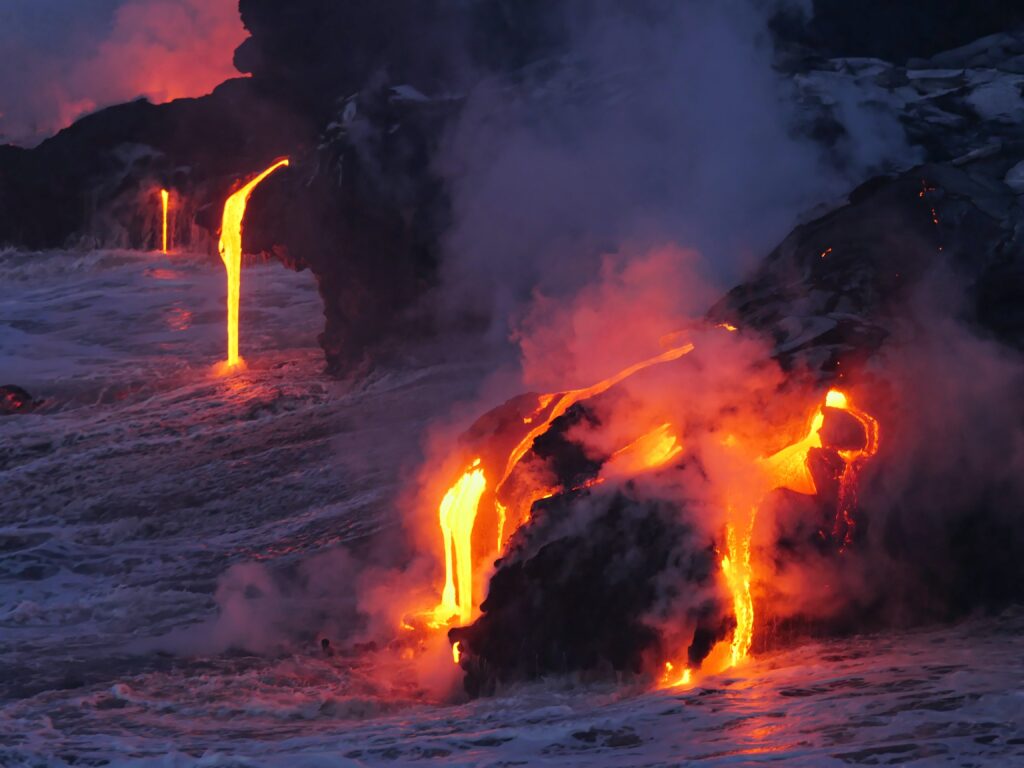 Hot Lava Flowing in to the ocean Big Island Hawaii